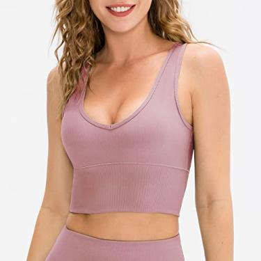Imagem de Camiseta feminina de ioga de secagem rápida com listras finas justas sem mangas sutiã esportivo fitness camiseta de corrida 8 Pink