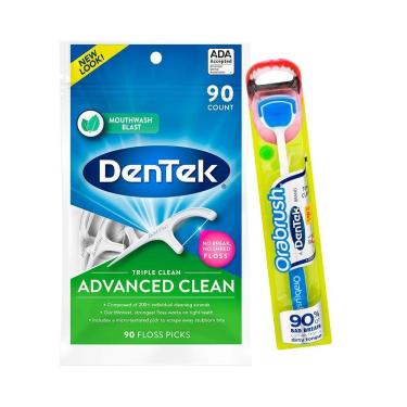 Imagem de Kit Dentek Escova e Limpador de Língua Orabrush + Fio Dental Floss Picks Triple Clean Adv c/ 90 un