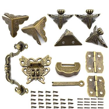 Imagem de SDTC Tech Pacote com 13 kits de ferragens para caixa de joias retrô inclui dobradiças de cadeado, protetores de canto, alça de puxar e pés de suporte, tom de bronze
