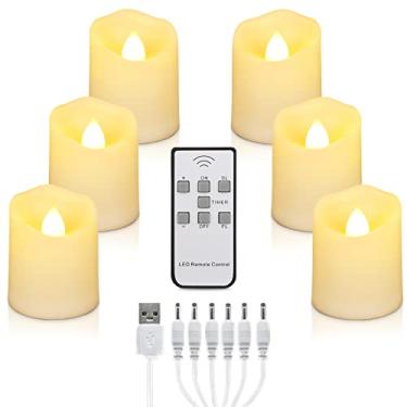 Imagem de Luzes de chá de LED velas recarregáveis com cabo de carregamento USB, 6 peças de luz votiva de chá com controle remoto, vela branca cintilante sem chama para Halloween, luz de abóbora, decoração de Natal
