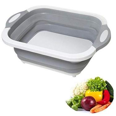 Imagem de cesto de drenagem dobrável, tábua de corte multifuncional, filtros de frutas de vegetais, cesto de bacia de lavagem, tábua de cortar picar balde de gelo cuba de drenagem dobrável