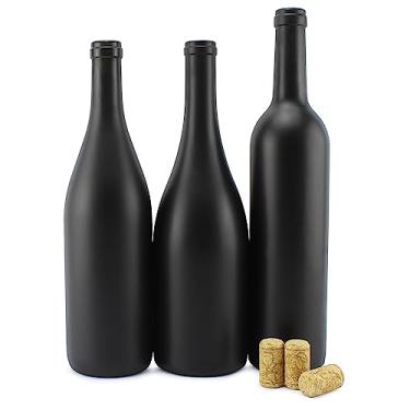 Imagem de Garrafas de vinho pretas Cornucopia com rolhas (conjunto de 3); garrafas de vinho de vidro revestido preto fosco vários tamanhos para decoração e vinho caseiro; também para o dia das bruxas