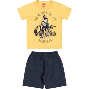 Imagem de Conjunto Infantil Elian Camiseta Manga Curta e Bermuda - Em Algodão e Poliéster - Amarelo e Azul Marinho