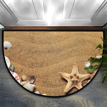 Imagem de Dinarno Tapete de porta meio redondo de areia com conchas de praia durável antiderrapante meio círculo tapete lavável meia lua tapetes de lareira resistentes à decoração tapetes semicírculo para sala de estar interna cozinha