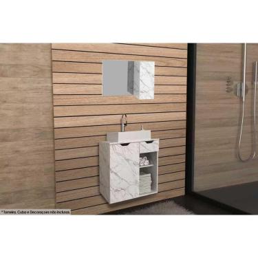 Imagem de Conjunto de Banheiro Armário c/ Espelho BN3602 80cm e Balcão Suspenso BN3605 s/ Cuba Pia 60cm cor Mármore Branco - Tecno Mobili