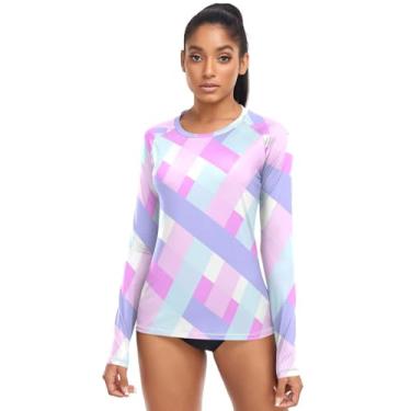 Imagem de Camiseta feminina xadrez xadrez xadrez Gingham Pink Buffalo, camisas de surfe Rash Guard camisetas atléticas com proteção solar, Xadrez rosa guingão, M