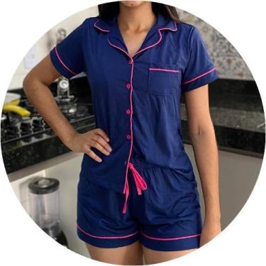 Imagem de Pijama Americano De Botões Azul Marinho Com Rosa - Madame Didi