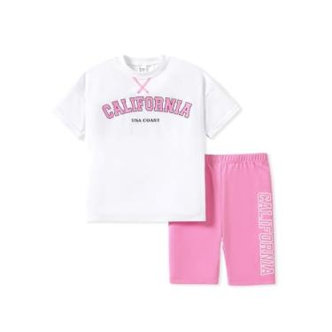 Imagem de PATPAT Conjunto de 2 peças para meninas, conjunto de camiseta e leggings, short de motociclista para meninas, Pitaya rosa, 8-9 Anos