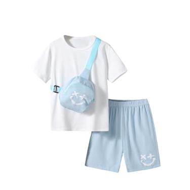 Imagem de Verdusa Conjunto de 3 peças para meninos camiseta lisa de manga curta e shorts de trilha com estampa fofa com bolsa, Multicor, 11-12Y