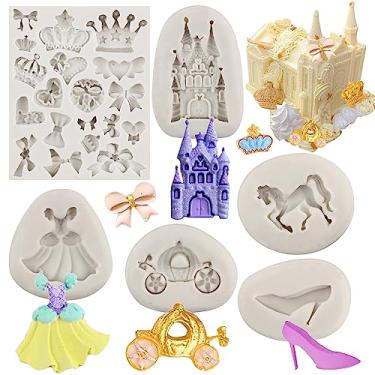 Imagem de Sijiangmold Cinderela molde de fondant de conto de fadas castelo abóbora carruagem vestido princesa sapatos de cristal silicone chocolate doce molde arco coroa molde para decoração de bolo cupcake