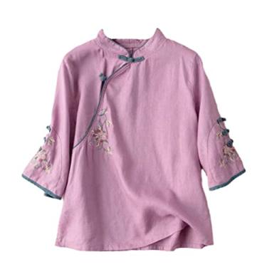Imagem de Camisa chinesa Tang Suit bordada estilo nacional camiseta fina feminina vintage tradicional, Roxo, P