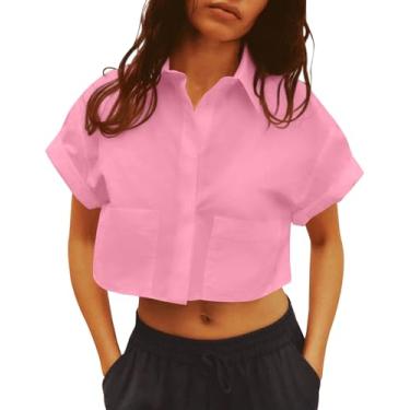 Imagem de Tankaneo Camisetas femininas de botão cropped de manga curta com bolsos, rosa, G