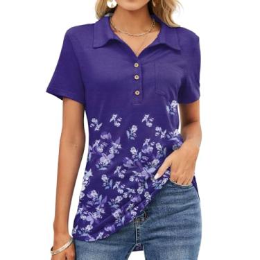 Imagem de TFSDOD Camiseta polo feminina manga curta gola V casual gola botão botão para escritório trabalho tops com bolso, Roxo floral, GG