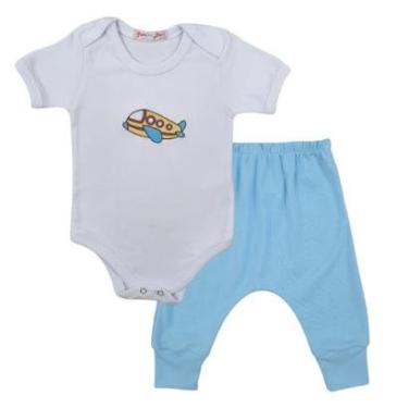Imagem de Conjunto Body Manga Curta Bordado Avião e Calça Suedine Mijão Culote - Roupa Bebê Menino-Masculino