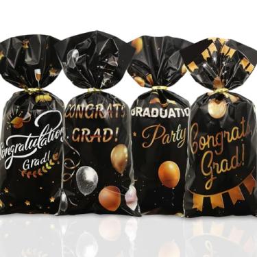 Imagem de Sacos de guloseimas de celofane de formatura, 100 peças de balões de grad parabéns, boné de estrela, estampa champanhe, preto e dourado, plástico para violoncelo, doces, biscoitos, sacolas de presente