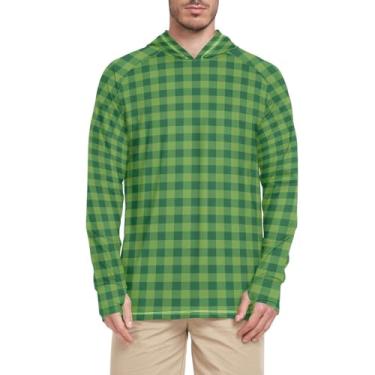 Imagem de Camisa de sol masculina xadrez creme com capuz manga longa FPS 50+Rash Guard para homens camisa de natação UV, Búfalo verde, G