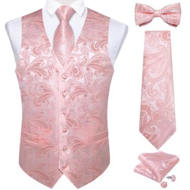 Imagem de DiBanGu Conjunto masculino de colete e gravata Paisley 6 peças pré-amarrado colete formal para smoking, Paisley rosa, Medium