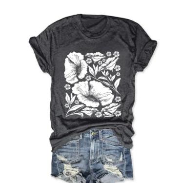 Imagem de Camiseta feminina vintage com flores silvestres engraçadas, estampa de plantas, camisetas de manga curta, K - cinza escuro, GG