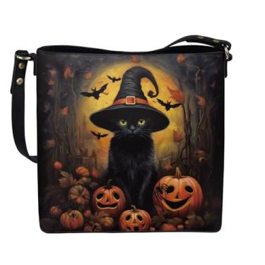 Imagem de HUGS IDEA Boho Bolsas femininas de couro, bolsa tiracolo tipo concha, Gato preto Halloween, Large