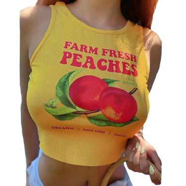 Imagem de jusgai Camiseta regata Farm Fresh Peaches para meninas com estampa de frutas, sexy, canelada, slim fit, sem mangas, Amarelo, P