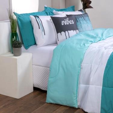 Imagem de Edredom King 400 Fios Dupla Face Hipoalergênico Antiácaro Kit/Jogo 7 Peças Linho (Tiffany com Branco, King)