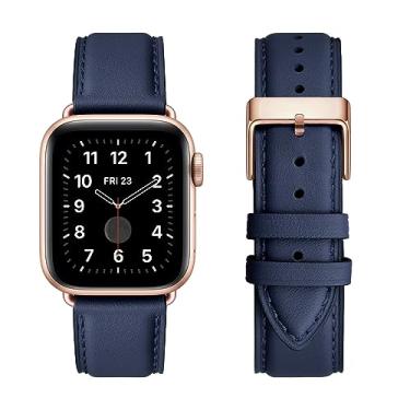 Imagem de OMIU Pulseiras quadradas compatíveis com Apple Watch de 38 mm, 40 mm, 41 mm, 42 mm, 44 mm, 45 mm, 49 mm, pulseira de couro genuíno para iWatch SE Series 8, 7, 6, 5, 4, 3, 2, 1, Utral para mulheres e homens (azul-escuro/ouro rosa)