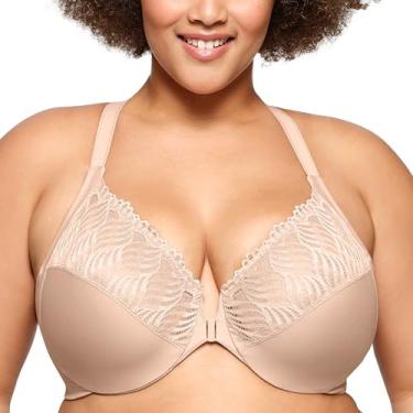 Imagem de Glamorise Sutiã feminino plus size com fecho frontal T-Back Wonderwire #1246, Café, 40DD