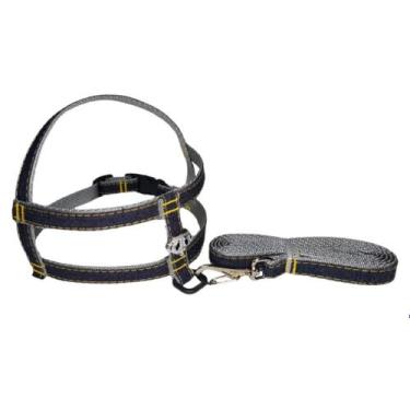 Imagem de Conj. peitoral/ guia nylon jeans - Couraça Pet, Cinza, GG