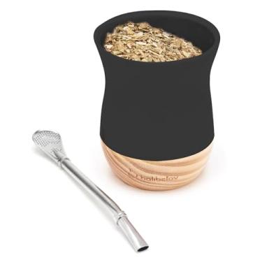 Imagem de BALIBETOV Conjunto de xícara e bomba de erva mate tradicional de cerâmica | Copo de cerâmica mate de 236 ml com base de madeira | Inclui 1 canudo Bombilla | Design de cerâmica fácil de limpar (preto)