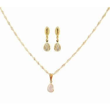 Imagem de Conjunto Colar + Brinco Gota Cristal Zirconia Folheado Ouro 18k Antial
