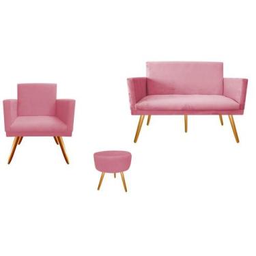 Imagem de Kit Namoradeira + 1 Poltrona Decorativa Nina + Puff Redondo Suede Rosa