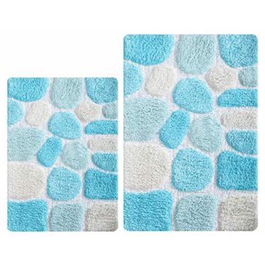 Imagem de Conjunto de 2 peças de tapetes de banheiro de pedra de seixo, 53 x 81 cm e 43 x 86 cm | Tapetes antiderrapantes para banheiro | Tapete de banheiro de secagem rápida para banheira e chuveiro de spa |