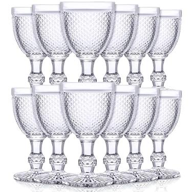 Imagem de Bokon Pacote com 12 taças de vinho tinto taças de vidro transparente de 283 g Cálice de vidro vintage com design de diamante em relevo cálice de vidro com haste para suco, licor, festa, casamento, bar