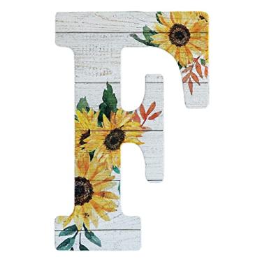 Imagem de COLLECTIVE HOME - Letras de madeira de 30,5 cm para decoração de parede, placa de parede rústica, placas de alfabeto decorativas, número de casa, decorações para festa de inauguração de casa de aniversário de casamento, branco lavado, girassol (F)