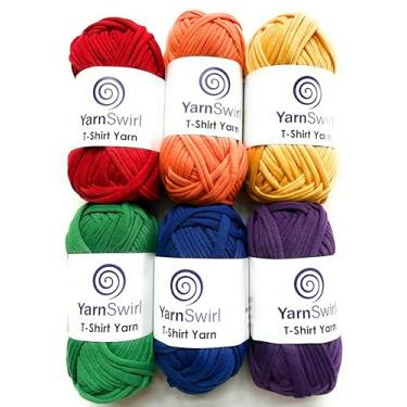 Imagem de YarnSwirl Fio de camiseta, pacote com 6, 100 g cada, fio de tecido macio para tricô, crochê e artesanato (arco-íris)