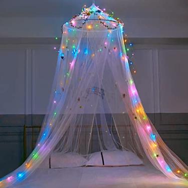 Imagem de FIOBEE Dossel de Cama para Quarto de Meninas Cortinas de Dossel de Cama com Luzes Led Mosquiteiro Diy Decoração de Quarto de Princesa com Estrelas Borboletas para Quarto de Crianças, Branco