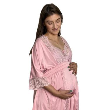 Imagem de Kit Camisola Luxo Amamentação + Robe Gestante Maternidade - Doce Mamãe