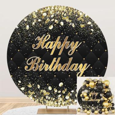 Imagem de Dorcev 2,2 x 2,2 m capa de fundo redonda de feliz aniversário com glitter em ouro preto - diamantes de lantejoulas pretas e douradas