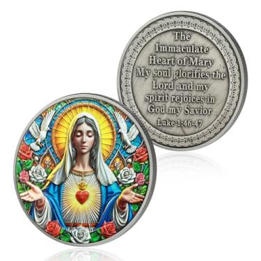 Imagem de Moeda do Desafio Cristão do Coração Imaculado de Maria Moeda da Bíblia de Jesus Lucas 1:46-47 Jesus Deus Símbolo de Oração Cristã Arte Bolso Versículos da Bíblia Jesus Presentes Religiosos para Homens