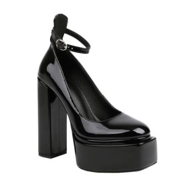 Imagem de Rock88 Salto plataforma alta feminino, salto de bico redondo com alça de fivela ajustável, salto grosso para dança e festa, preto, 44