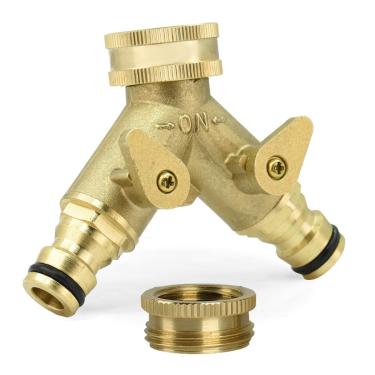 Imagem de Divisor de mangueira de jardim de latão sólido PLG, Conector de mangueira Y bidirecional e válvula de desligamento
