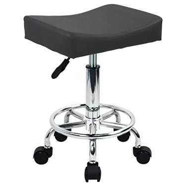 Imagem de WKWKER Square Rolling Stool with Footrest PU Leather Height Adjustable 360° Swivel Stool with Wheels Massage SPA Salon Stools Task Chair Desk Drafting Bedroom Vanity Stool (Grey)