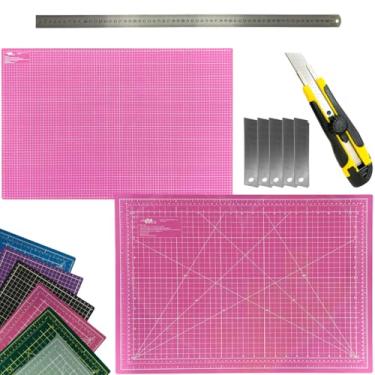 Imagem de Base Placa de Corte Dupla Face Regenerativa Multiuso Artesanato Patchwork Scrapbook Régua Inox 60 Estilete Profissional (Rosa)