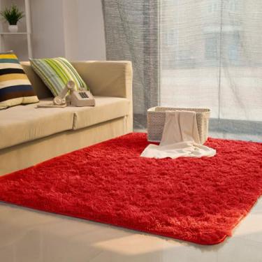 Imagem de Tapete sedoso e fofo, decoração moderna para casa, tapete longo de pelúcia felpudo, tapetes de brincar, sofá, sala de estar, quarto, cabeceira, tapetes de varanda, vermelho, 160 x 230 cm (63 x 90