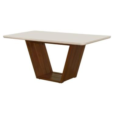 Imagem de Mesa de Jantar Luxo Retangular 160x90 Mdf/vidro para 6 Lugares Pés Madeira Maciça Safira Imbuia/off white