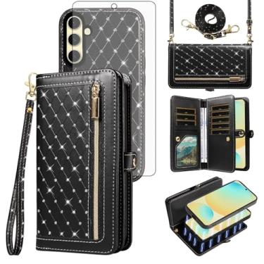 Imagem de Asuwish Capa de celular para Samsung Galaxy S24 FE 5G Carteira com zíper destacável com protetor de tela de vidro temperado alça transversal Bling Flip porta-cartão de crédito S 24 EF S24FE 24S