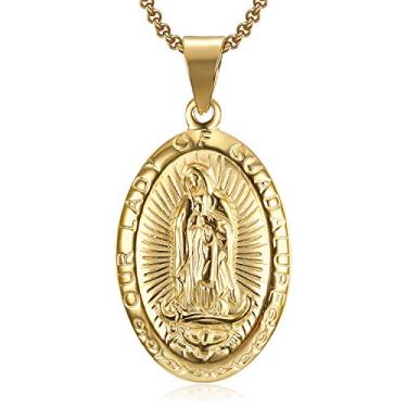 Imagem de Lee Island Fashion Colar de aço inoxidável com pingente de medalha milagrosa cristã da Virgem Maria, corrente de 50 cm, joia de amuleto religiosa Bento Nossa Senhora de Guadalupe presente, Zircônia