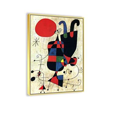 Imagem de JZSDGB Arte de parede com moldura dourada reprodução de pintura famosa - Figuras e cachorro na frente do sol Joan Miro pôsteres e impressões - arte de parede em tela abstrata imagens de Joan Miro 70 x