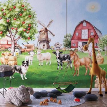 Imagem de Papel de Parede Infantil Fazenda Encantada  Animais e Vida no Campo - 