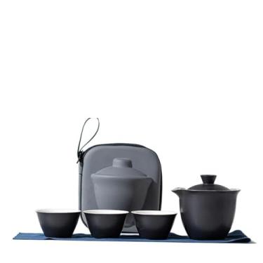 Imagem de Conjunto de bule de chá de cerâmica para viagem, bule de chá com estojo, bule de chá de kung fu chinês, 1 pote, 3 minixícaras, xícaras de chá de porcelana com infusor de chá, bolsa portátil para
